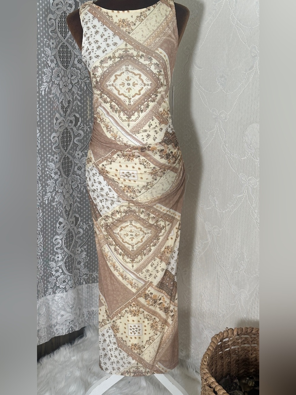 Madden Girl Beige and Cream Patchwork Maxi Dress